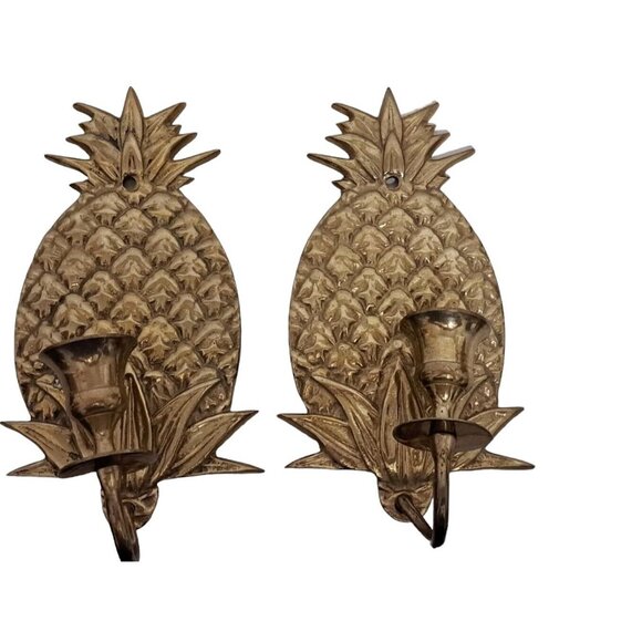 Vintage Brass Pineapple Wall Sconces Candle Holders Mid Century Modern MCM  FLAW - Picture 1 of 13